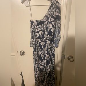 Kay Unger One Shoulder Cape Printed Chiffon Gown